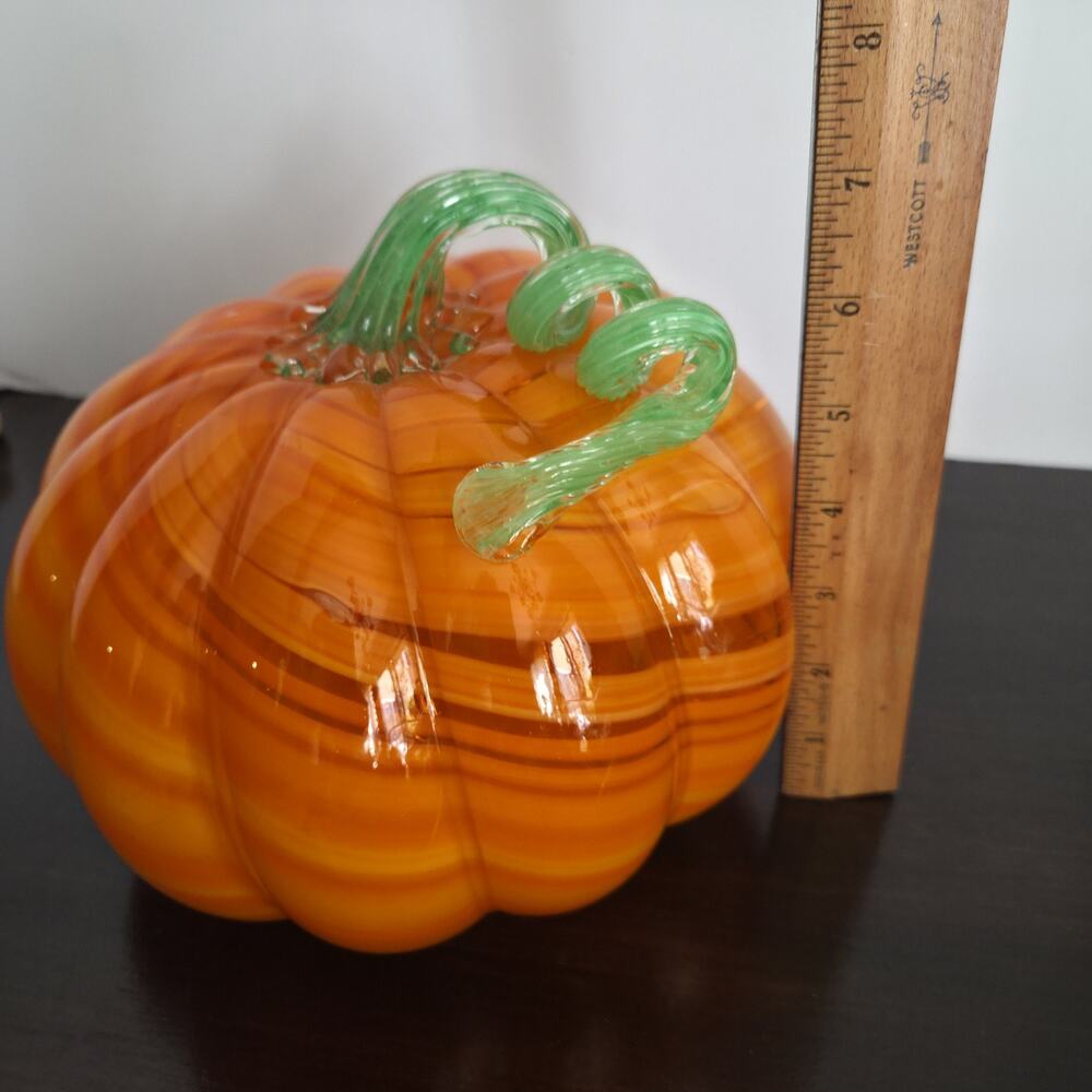 Hand Blown Art Glass Pumpkin Measures 7" High By 8" Wide Orange Green Curly Stem - Picture 6 of 7